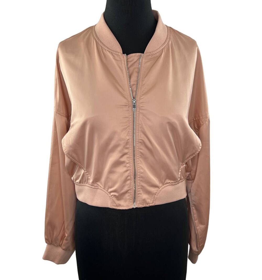 ZARA Pink Satin Full-Zip Cropped Bomber Jacket 3427/010 Drop Shoulder Relaxed M